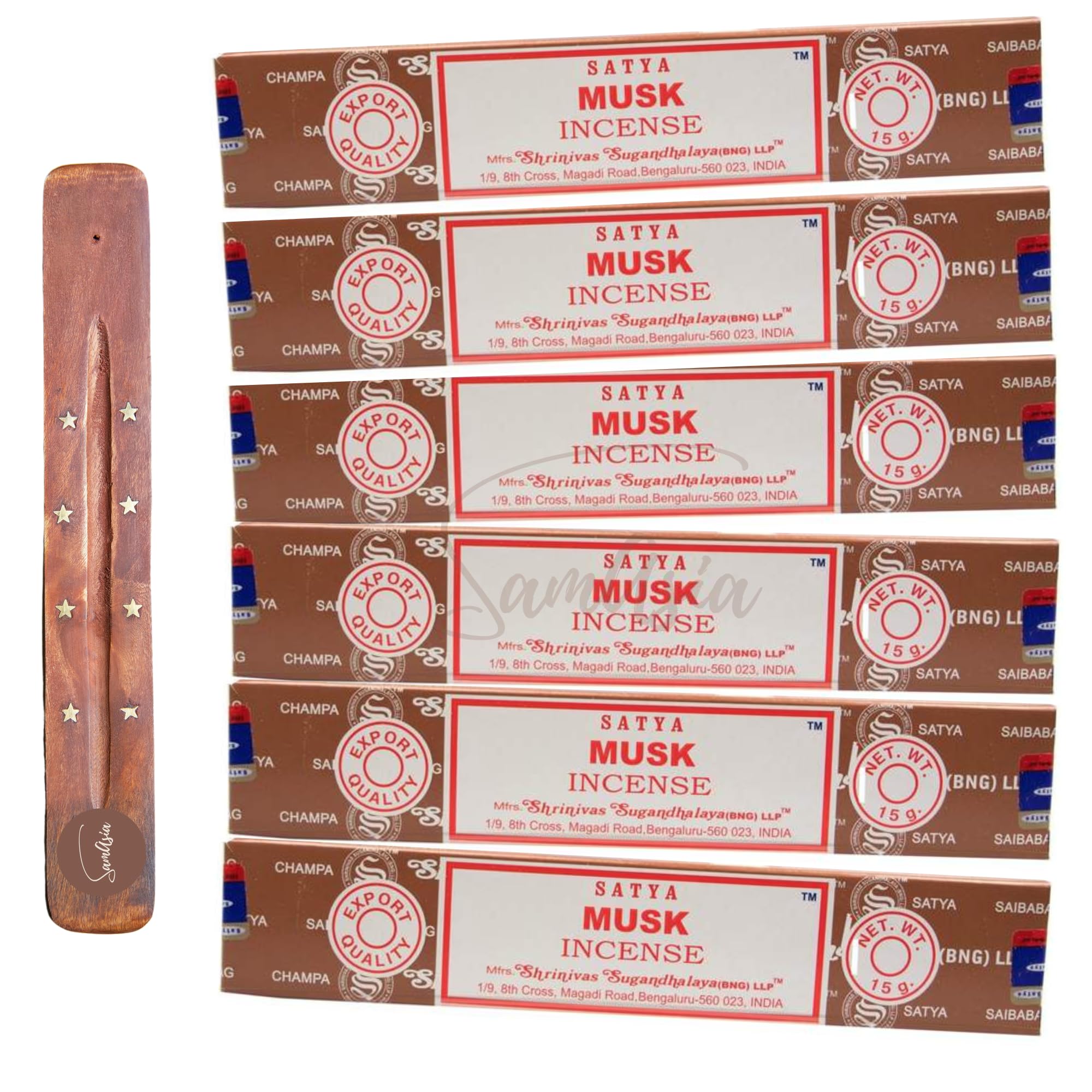 Satya Nag Champa Musk Incense Sticks | x6 pack | with SAMASIA incense sticks holder | Used for Aromatherapy, Spa, Yoga, Weddings, Meditation, Healing, Positivity and Relaxation