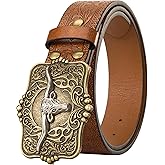 Bawnhaw Western Cowboy-Belts for Women Big-Buckle Longhorn-Bull PU-Leather Rodeo Cowgirl-Belt Engraved Floral - Waist 25-38"