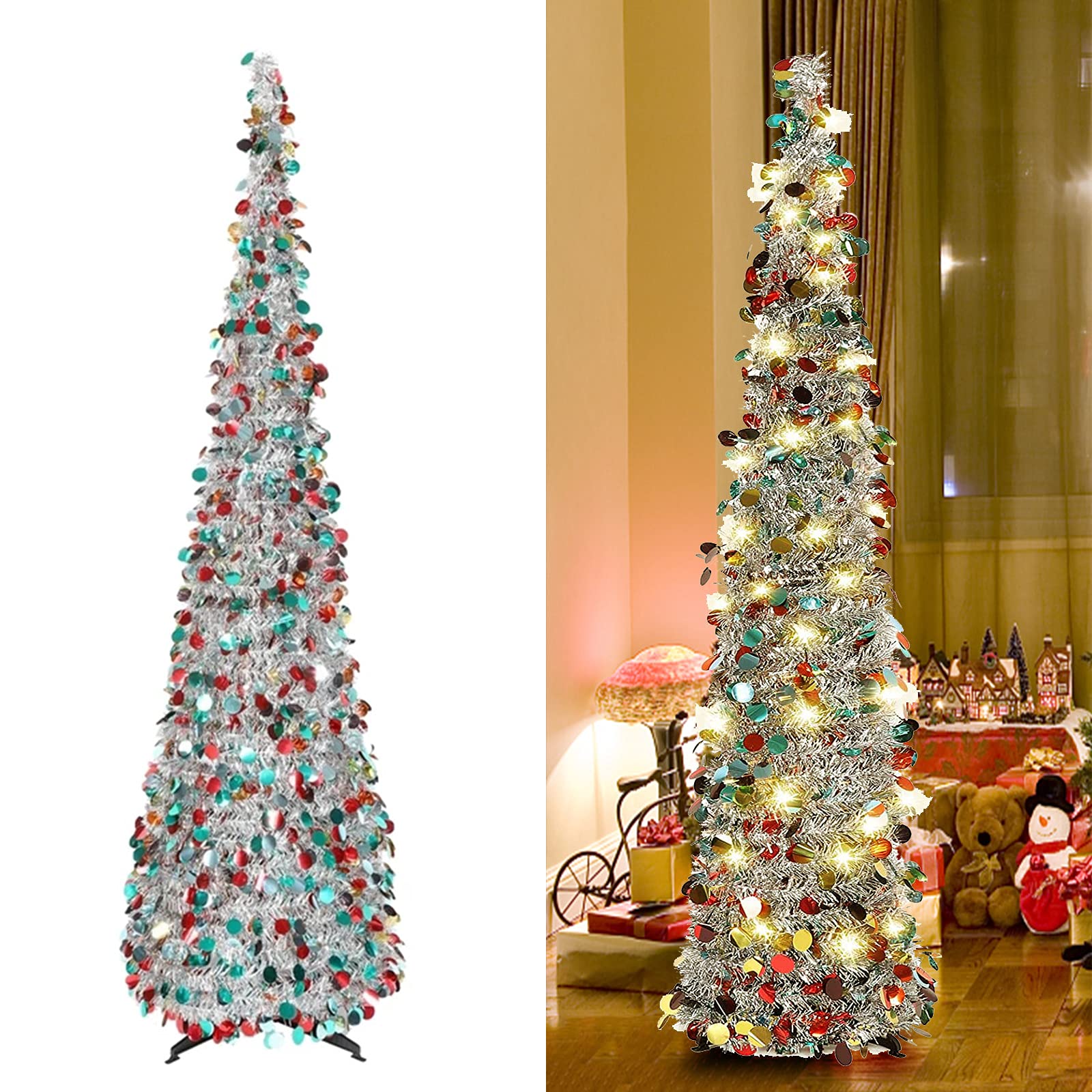 Artificial Collapsible Tinsel Christmas Trees with Lights, 5ft/1.5m Pop Up Pencil Christmas Trees, Glittering Sparking Xmas Decoration Tree with Stand (Colorful Silver)