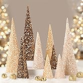 Bunny Chorus Christmas Table Décor: 9pcs Neutral Cone Christmas Trees with Earth Tones Glitter Sequins Surface, Modern Christmas Decorations for Xmas New Year Soft Cozy Winter Holiday Home Décor