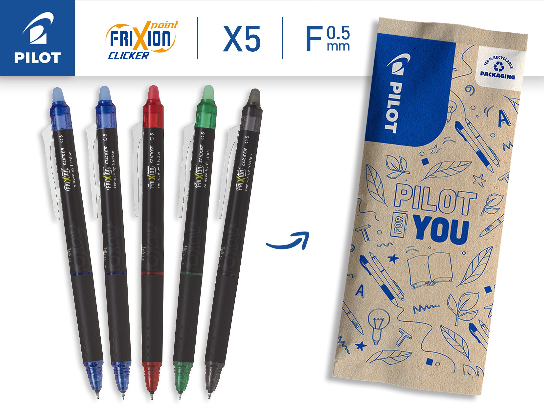 Pilot – 5er-Set Frixion Point Clicker – Tintenroller 0.5 mm mit löschbarer, thermosensitiver Tinte – 2 Blau, je 1 Schwarz, Rot, Grün – Tintenroller mit feiner Spitze – nachfüllbar – Zauberstift 2