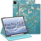 Fintie Folio Case for iPad Pro 12.9" 6th Generation 2022, Multi-Angle Smart Stand Cover w/Pencil Holder & Pocket, Also Fit iPad Pro 12.9 2021 5th & 2020 4th & 2018 3rd Gen, Blossom
