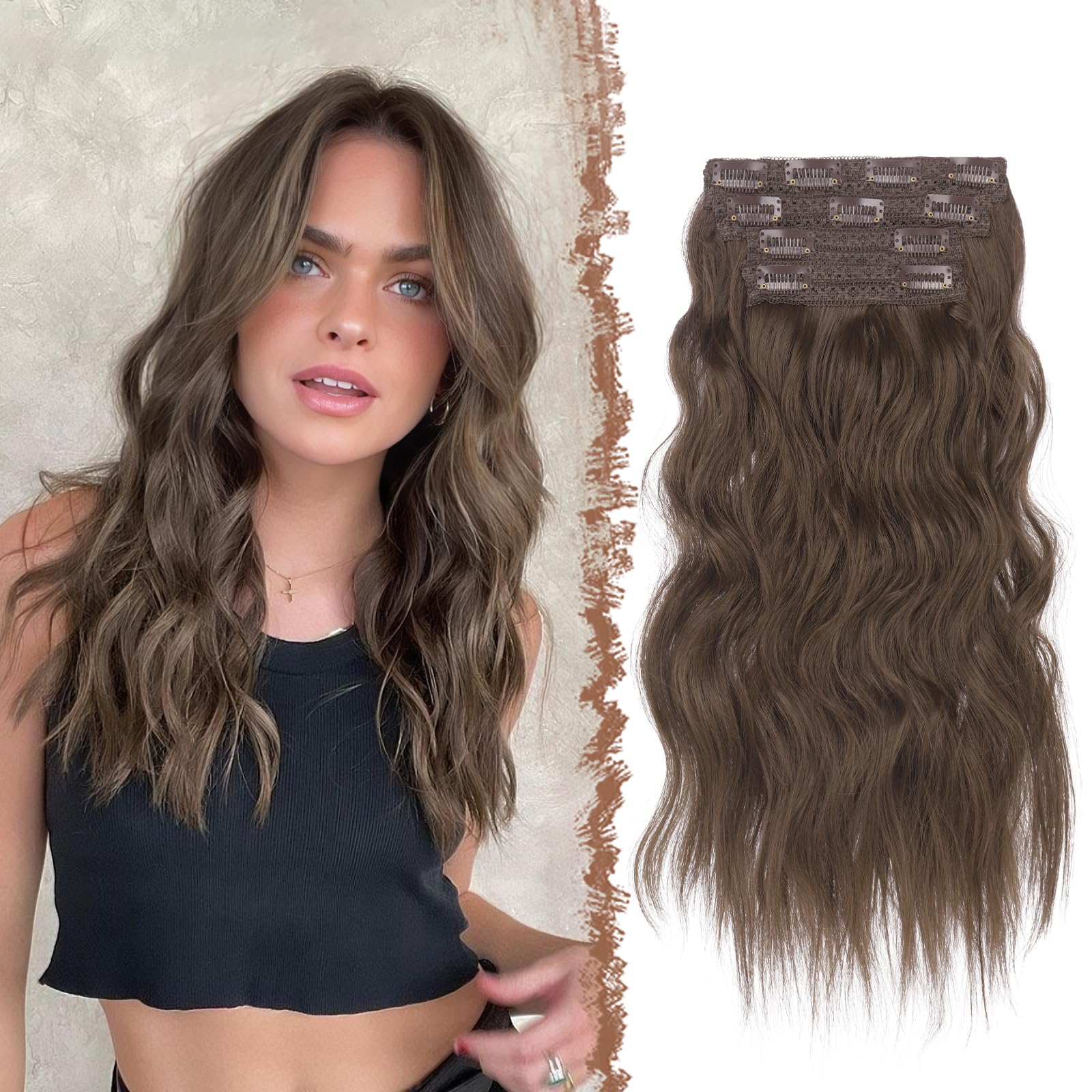 FESHFEN Clip in Hair Extensions 4PCs Long Wavy Thick Hair Piece Highlighted Full Head Synthetic Natural Curly Chestnut Brown Extension for Women, 16 Inch
