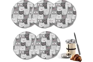 IGPPDO Grey Cute Cat Sourdough Starter Jar Cloth Covers, 5 Pack Kit Stretchy Cloth Bowl Lids Fits Jar Mouth Ranging 3"- 4" Inches