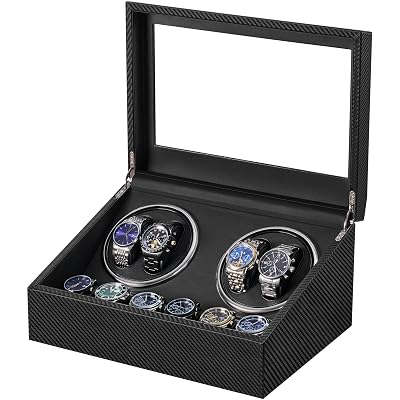 BEWISHOME Watch Winders for Automatic Watches, 4 Watch Winder and 6 Storage Case with Quiet Japanese Motor, Automatic Watch Winder Box Watch Rotator with Type-C Adapter, Carbon Fiber SYQ31C