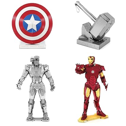 Fascinations Metal Earth 3d Metal Model Kits Marvel Iron Man War Machine Captain Americas Shield Thors Hammer 4 Piece Bundle
