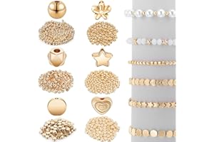 HICARER 1200 Pieces Spacer Beads Set Star Round Ball Rondelle Faceted Spacer Heart Flower Flat Disc Loose Beads for Bracelet Earring Necklace Jewelry Making (Gold)