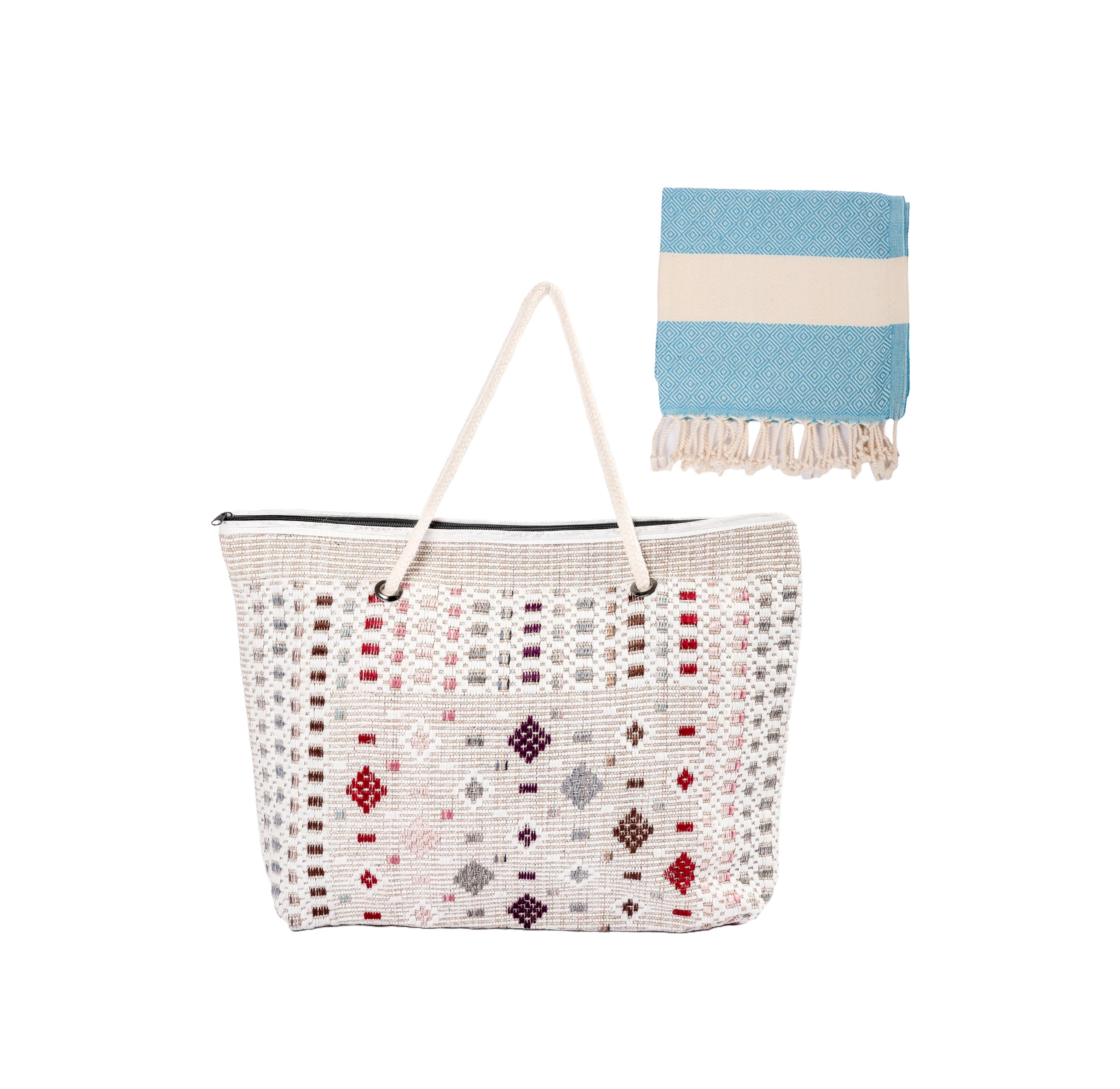 Leo Design Large summer Beach Tote Bag Boho Zipper Closure Bohemian, Rope Handles Shoulder Loomed Beach Bag for Women, Gym Yoga, Family Travel Holiday Picnic Swimming Pool (Bohemian 2)