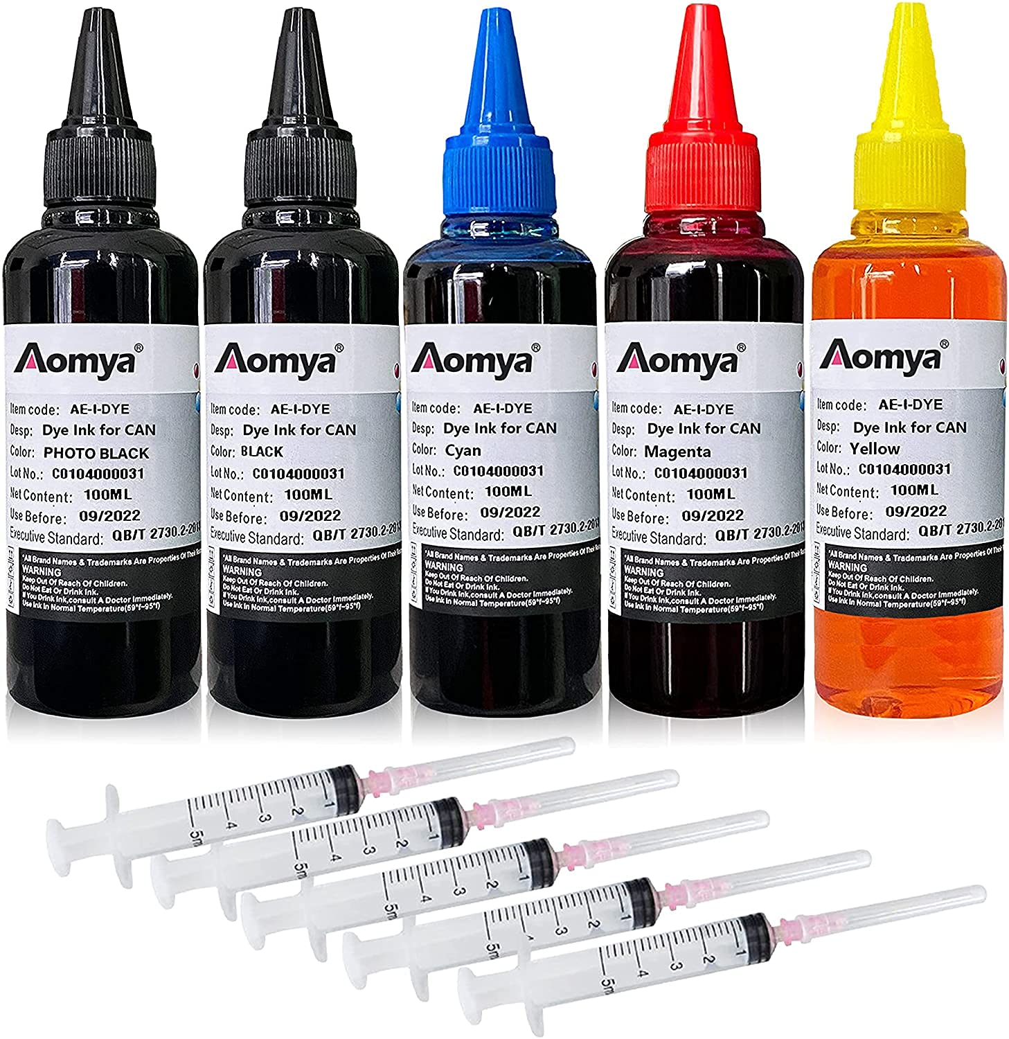 Aomya Ink Refill kit 5x100ml Compatible for Canon PGI-545 PGI-540 541 PGI-550 CLI-551 PGI-570 CLI-571 PGI-580 PGI-525 PGI-520 CLI-521 Refillable Ink Cartridge with 5 Syringes (PBK, BK, C, M, Y)