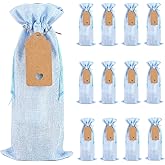 BUNCHBRAVO 12 Pack Burlap Wine Bags with Gift Tags and Jute Rope, Rustic Drawstring Wine Bottle Bags for Weddings, Parties, and Holidays, Light Blue