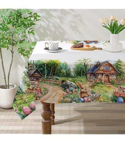 Horaldaily Easter Tablecloth 60x140 Inch - Spring Flower & Buffalo Plaid Bunny Print For Party, Picnic