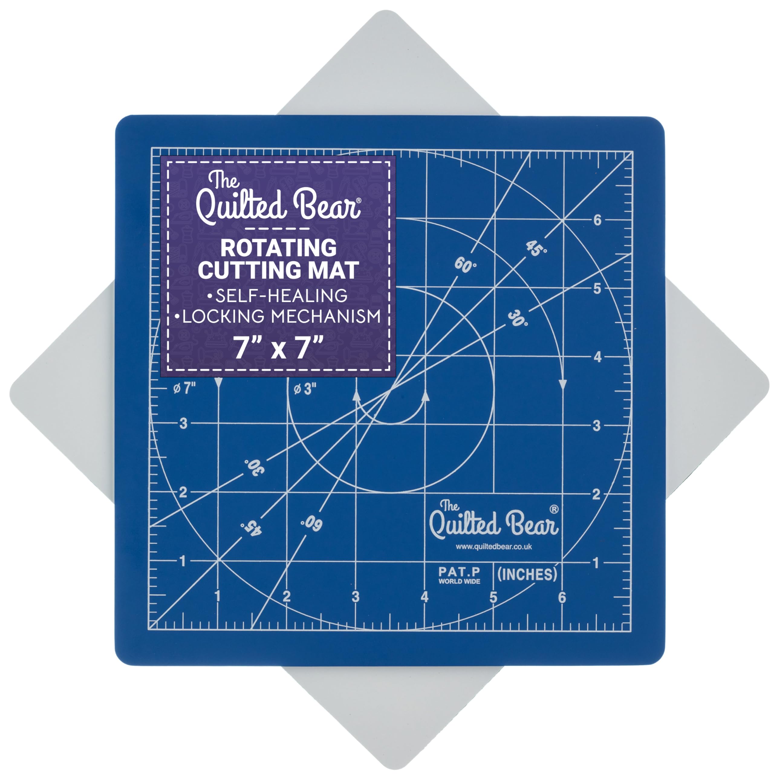 The Quilted Bear Rotating Cutting Mat - 7" x 7" Square Self Healing 360° Rotating Cutting Mat with Innovative Locking Mechanism for Quilting & Sewing Your Choice of Size & Colour Available! (Blue)