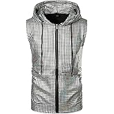 ZEROYAA Mens Shiny Metallic Zip Up Sleeveless Hooded Vest T Shirt with Kangaroo Pocket