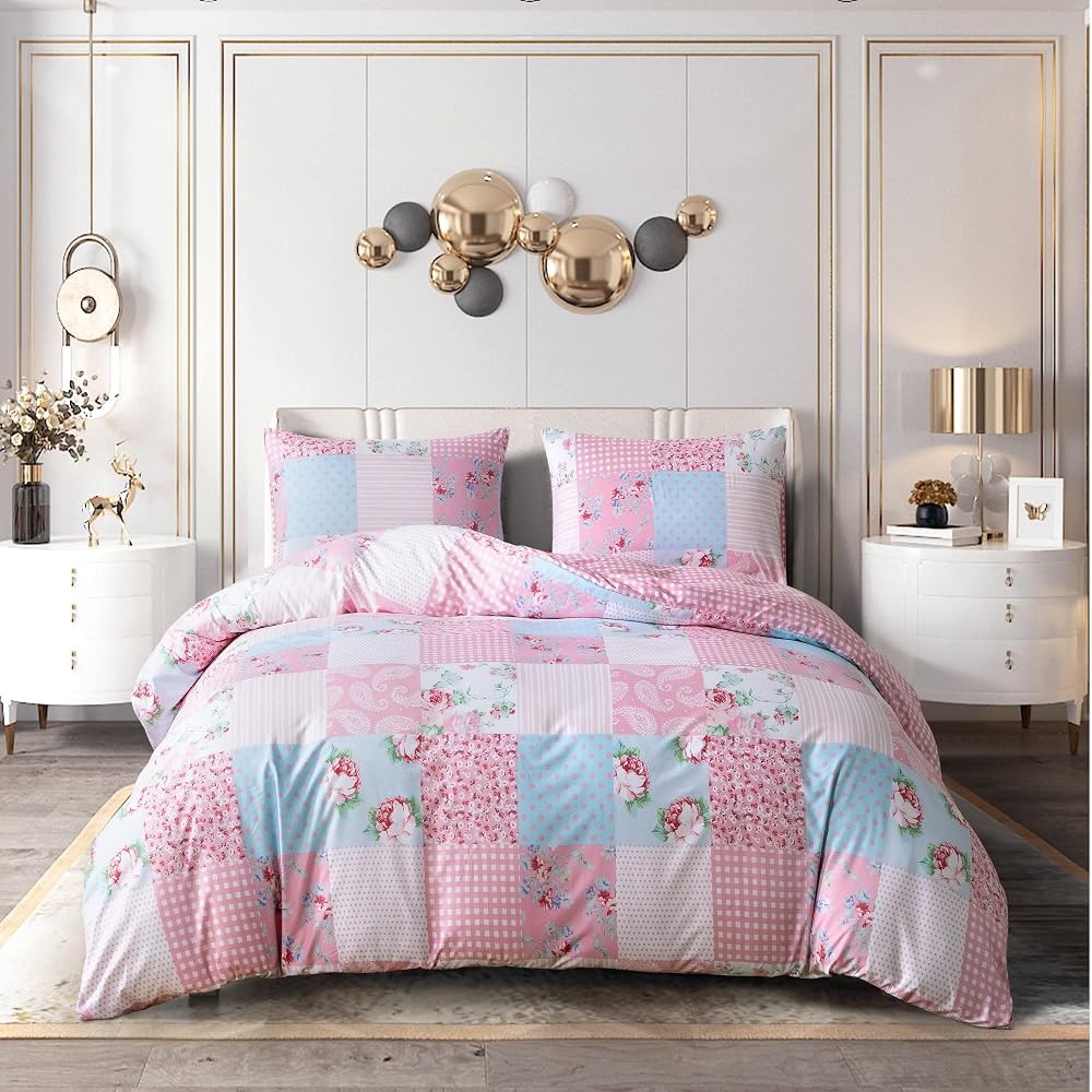PRIME LINENS Duvet Cover Set 4 Pcs Brushed Microfibre Floral Pink King