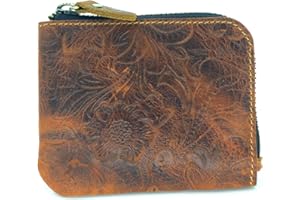 JJNUSA Genuine Leather Zipper Coin Purse Wallet With Key Car Smart Holder, Change Purse, Coin Pouch Holder For Men (Flower brown)