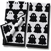 2Pcs Halloween Ghost Hand Towels, Black White Decor for Home/Kitchen/Bath | 100% Cotton Decor Soft Absorbent for Holiday Decorative Cooking Cleaning Drying 13.7 x 29.5 Inch