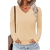 YUCOLEN Cotton Long Sleeve Shirt for Women V Neck T Shirt Casual Basic Tee Tops Blouse Clothes Light Apricot M