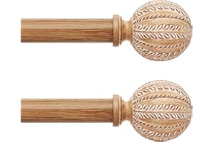 JRZOO 2 Pack Wood Curtain Rod for Windows 48 to 84 Inch, 1'' Diameter Adjustable Heavy Duty Rustic Farmhouse Drapery Rods with Boho Imitation Wooden Grain Decorative Finials, Size: 30''-88'' – Light Wood