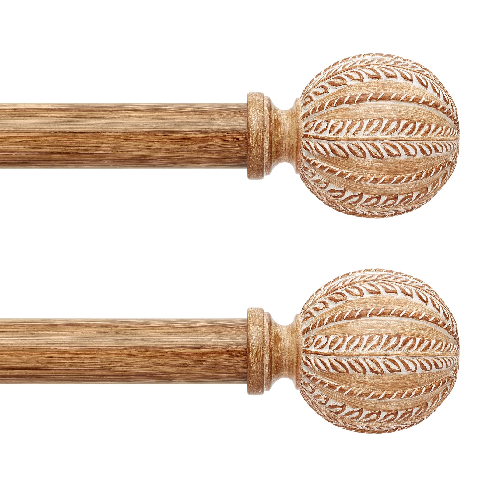 Photo 1 of 2 Pack Wood Curtain Rod for Windows 28 to 48 Inch, 1'' Diameter Adjustable Heavy Duty Rustic Farmhouse Drapery Rods with Boho Imitation Wooden Grain Decorative Finials, Size: 30''-60'' – Light Wood