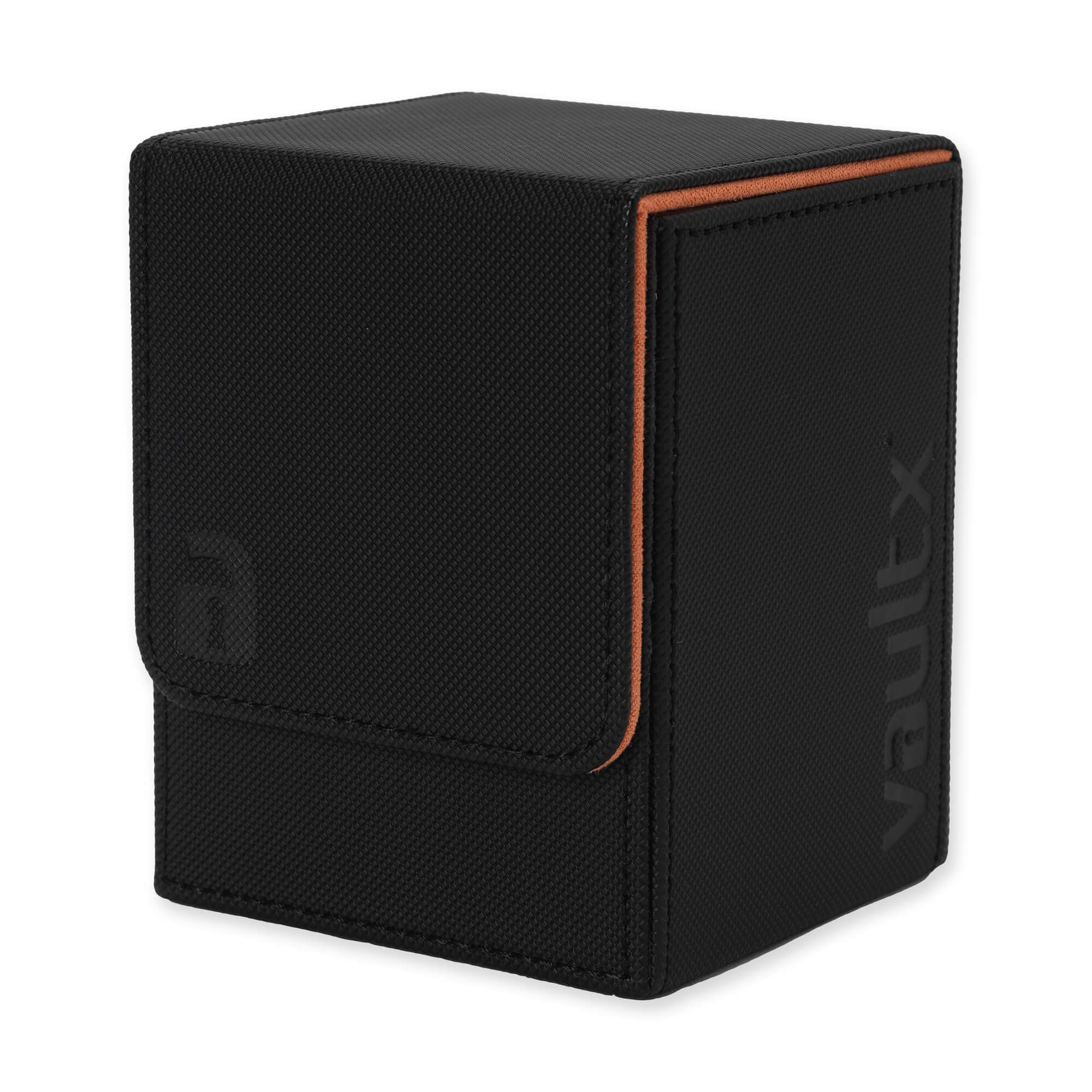 Vault X Trading Card Deck Box, 80+ sleeved cards, Premium Exo-Tec Material, Toploading Card Holder Storage Box, Magnetic Lid, for MTG Commander, TCG (Black/Orange)