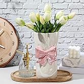 Ninehaoou 1pcs Pink Ceramic Bow Vase 9 x 5 inches,Unique Cute Modern Decorative Bouquet Flower Large Vases for Home Living Ro