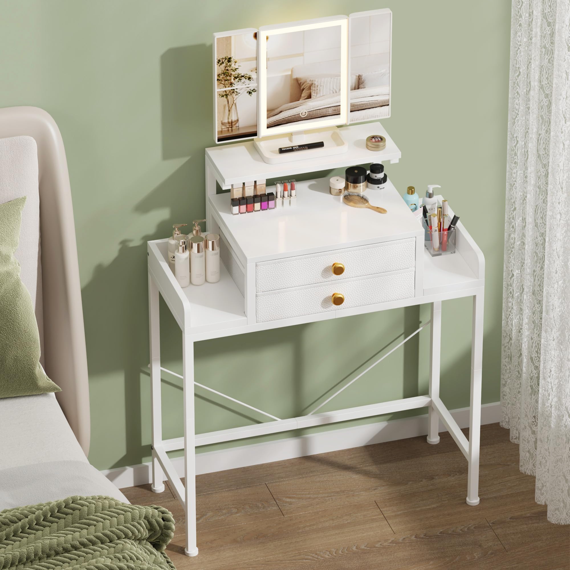 Photo 1 of HIGDBFE Vanity Desk with Mirror and Lights, 28.4''W Small Makeup Vanity Table with Height-Adjustable Stand, 2 Fabric Drawers Compact Makeup Desk, Gift for Girls, Bedroom Small Space, White