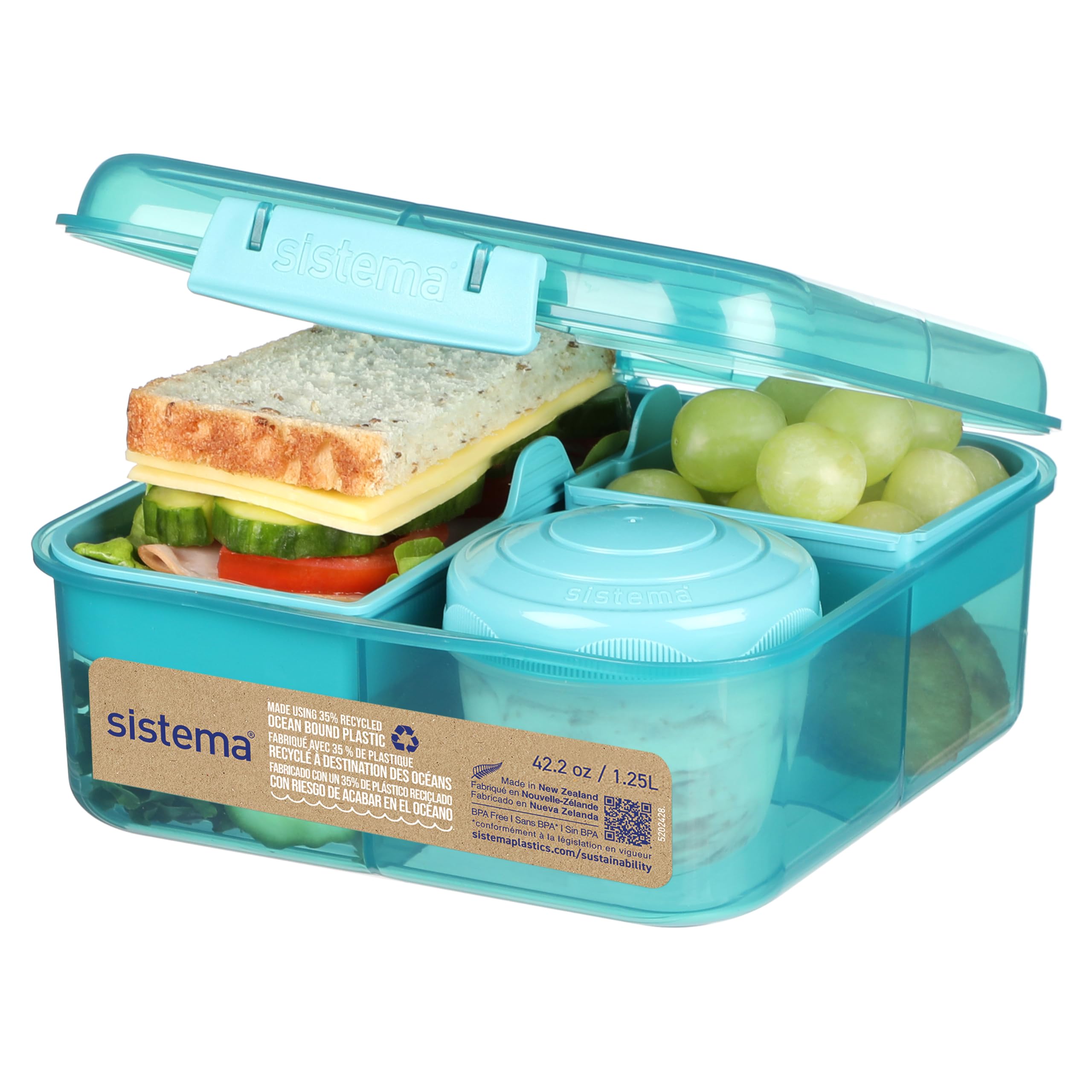 Sistema Bento Box to Go Lunch Box with Yoghurt/Fruit Pot 1.25 L Made Using Recycled Plastic Recyclable with Terracycle Teal Stone