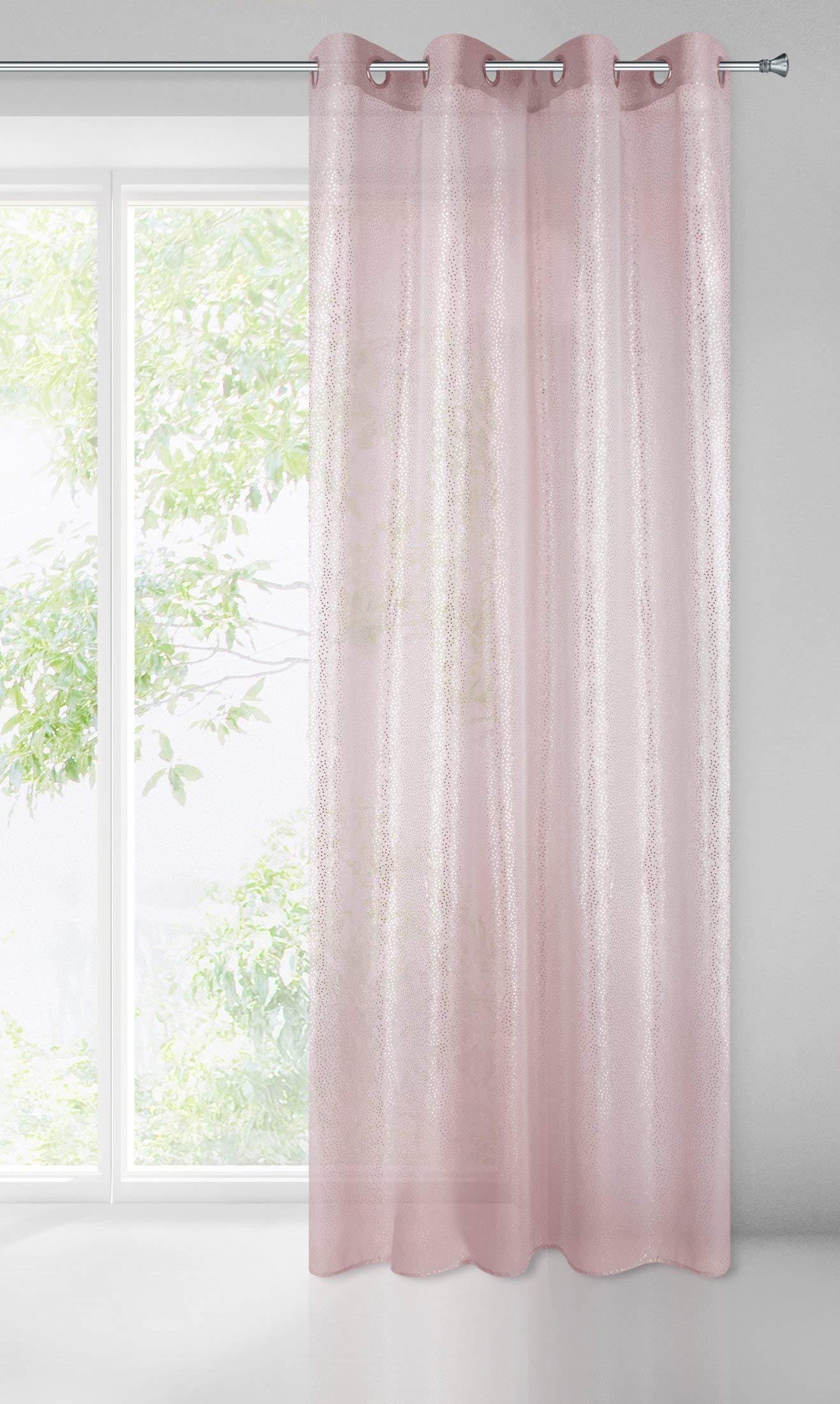 Eurofirany Smooth Metallic Dots Transparent Print Pattern Matt 8 Eyelets Soft Curtains Modern Simple Bedroom Living Room Pink + Silver 140 x 250 cm