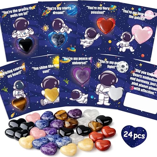 24 Pack Valentines Cards for Kids, Gemstone Valentine Day Gift With Natural Heart Crystals, School Classroom Exchange Party Favors for Boys Girls Toddlers