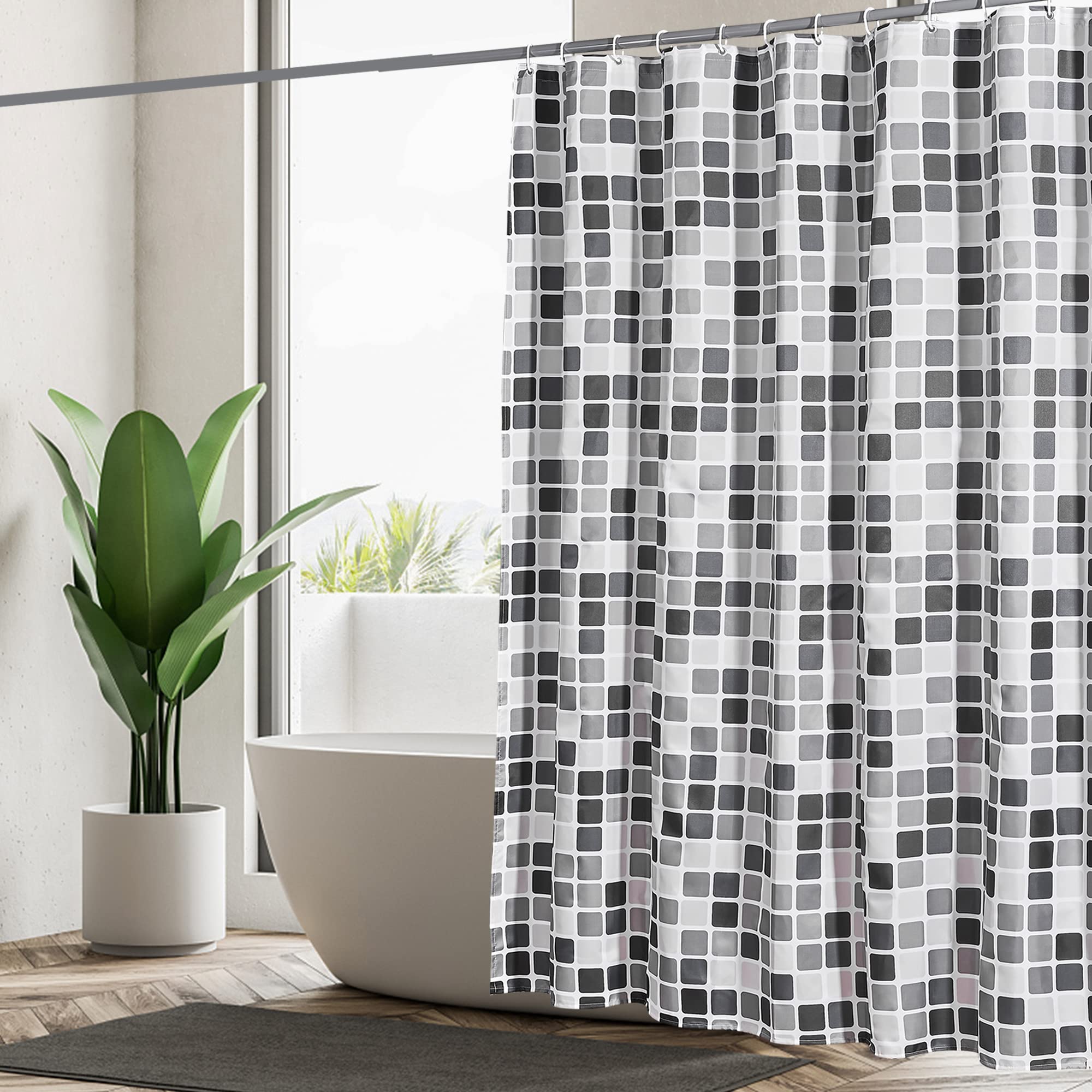 GERUIKE Weighted Extra Wide Shower Curtain 240 x 200 cm, Waterproof Anti-Mould Textile 130GSM Polyester Fabric, Machine Washable with 12 Rings & Black Grey White Mosaic Pattern