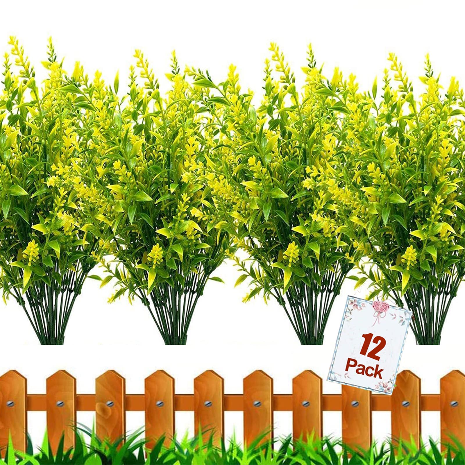 HBell 12 Bundles Outdoor Artificial Flowers UV Resistant Fake Boxwood Plants, Faux Plastic Greenery for Indoor Outside Hanging Plants Garden Porch Window Box Home Wedding Farmhouse Decor (Yellow)