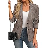 ELLEVEN Women's Lapel Collar Plaid 2 Button Boyfriend Blazer Suit Houndstooth Work Office Blazer Jacket