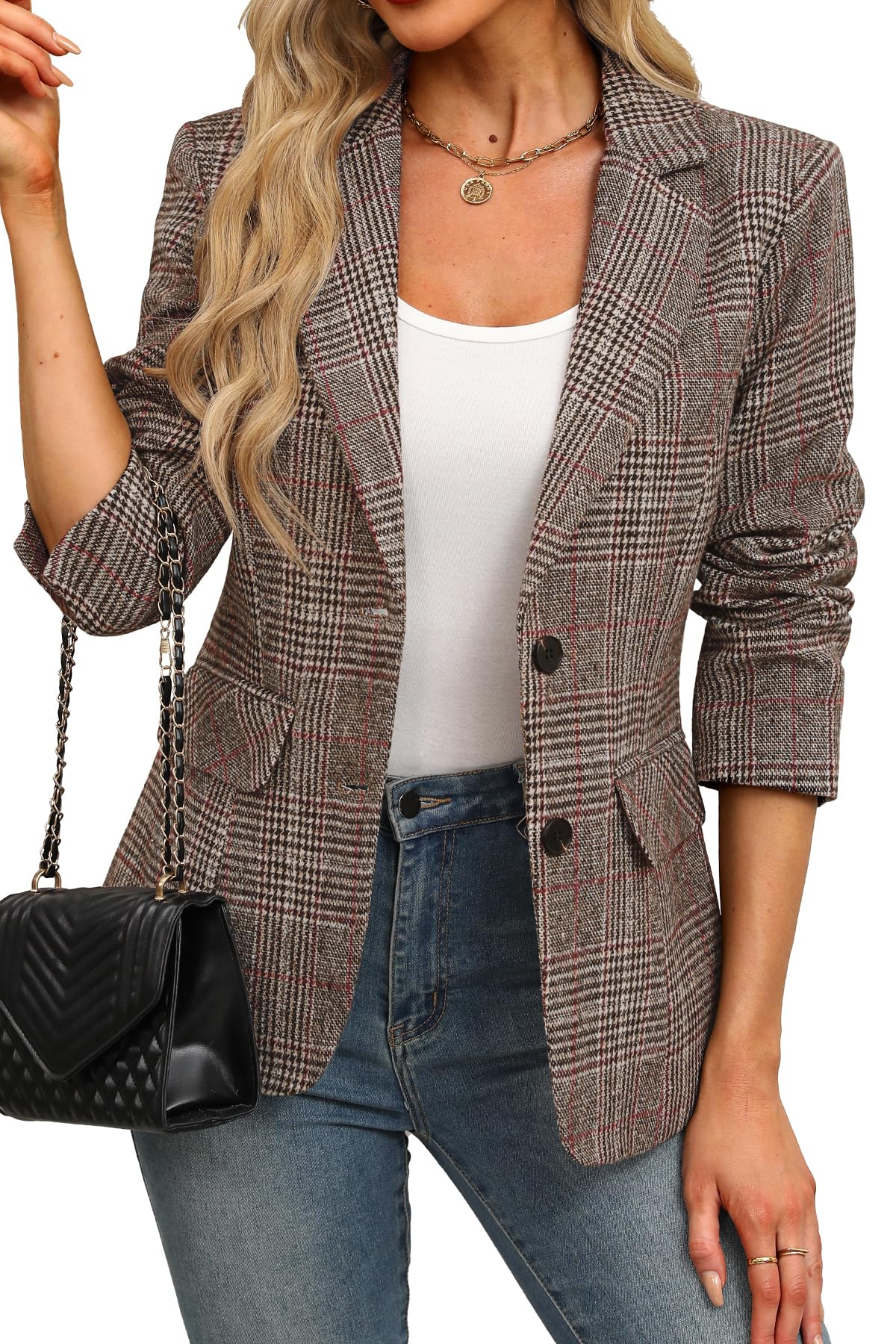 Photo 1 of ELLEVEN Womens Casual Plaid Blazer Lapel Collar Double Button Long Sleeve Boyfriend Blazer Suit Houndstooth Plaid Blazer Jacket Business Work Office Blazer Suits Chestnut Plaid X-Large
