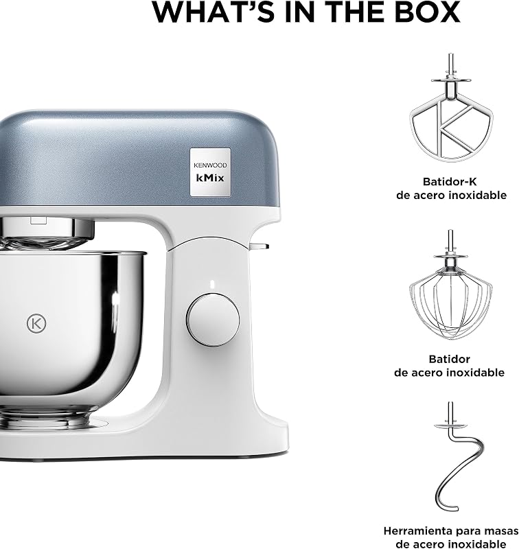 kMix - Robô de pastelaria multifunções com taça de aço inoxidável de 5 L, motor de 1000 W, corpo metálico, kit de pastelaria, 3 acessórios e tampa splash, azul (KMX760ABL)