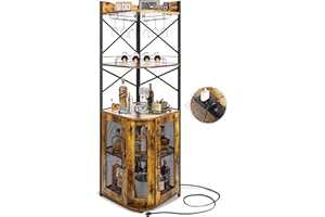 SULIVES Corner Bar Cabinet with Outlets,Wine Cabinet with Glass & Wine Holder,5-Tiers Liquor Cabinet Bar,Tall Bar Cabinets for Home Living Room/Kitchen, Rustic Brown