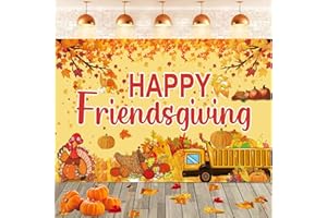 Famoby Happy Friendsgiving Extra Large Fabric Sign Poster Banner Backdrop with Pattern Pumpkin Maple Leaf Turkey for Thanksgiving Fall Friends Gathering Background Decorations Bunting
