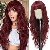 MINSEEYOO Burgundy Wig with Bangs for Women Long Burgundy Wavy Wigs 26 Inch Dark Red Wigs Natural Looking Heat Resistant Synthetic Wig for Daily Party Use