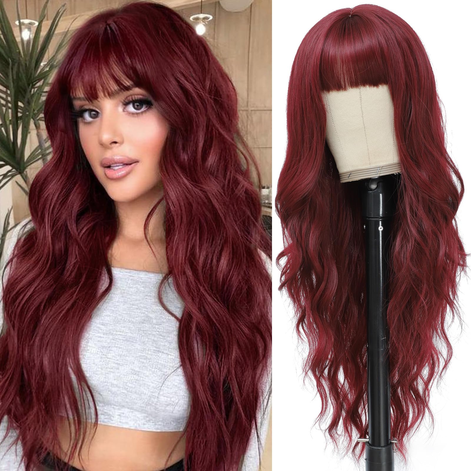 Photo 1 of **MINOR DAMAGE - USED**
MINSEEYOO Burgundy Wig with Bangs for Women Long Burgundy Wavy Wigs 26 Inch Dark Red Wigs Natural Looking Heat Resistant Synthetic Wig for Daily Party Use