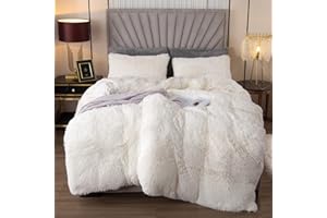 EMME Plush Shaggy White Duvet Cover Set Queen Size 3 Pieces Luxury Fuzzy Comforter Cover Set, Soft Faux Fur Fluffy Winter Bedding Set (White, Queen)