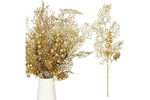 Tigeen 12 Pcs Christmas Tree Picks Bulk Christmas Tree Filler Glitter Branches Berries Stems Floral Decorations 15.75'' Xmas Twigs Berry Picks for Vase (Gold)