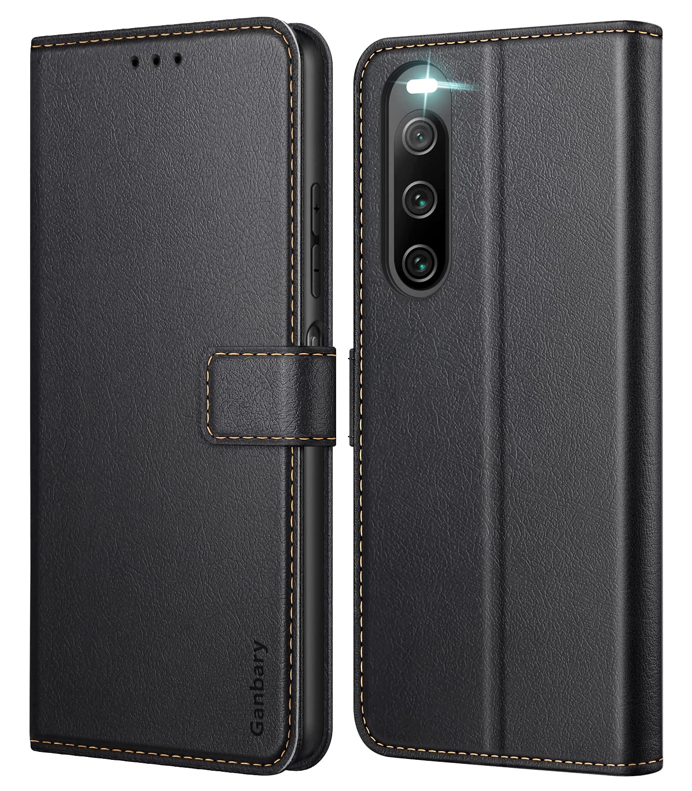 Ganbary Case Compatible with Sony Xperia 10 V, Premium PU Leather Flip Wallet Case [Full Protection] [Card Slots] [Kickstand], Black