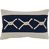 SARO LIFESTYLE Naviguer Collection Rope Knots Appliqué Throw Pillow with Down Filling, 12" x 20", Navy Blue