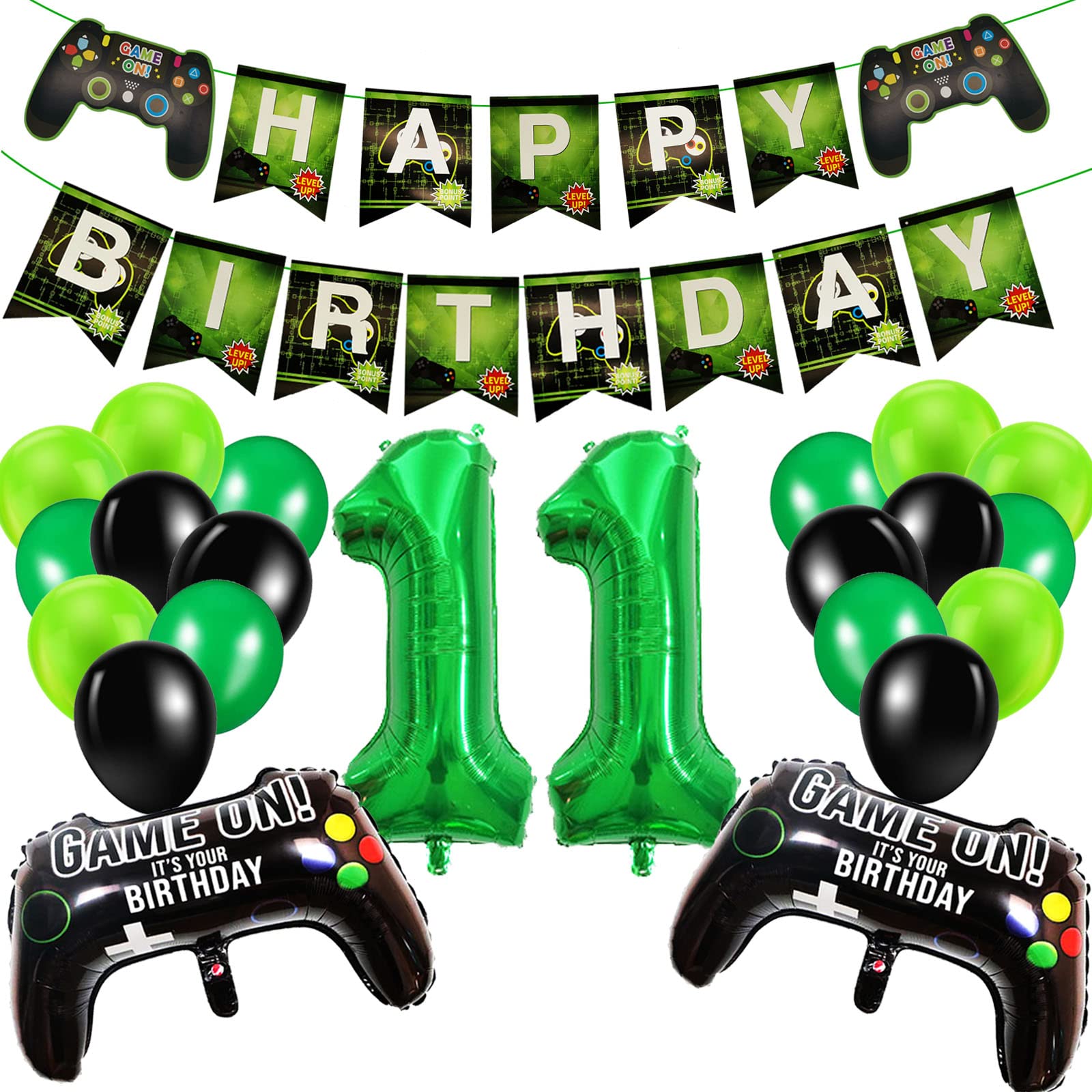 11th Birthday Decorations for Boys, Gaming Party Decorations Set for Gamers, Happy Birthday Banner Game Controller Balloons Black Green Balloons for Kids Teenagers Party Supplies (11th Birthday)