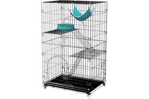 Goyappin Foldable Cat Cage, 46 Inch 3-Tier Large Kennel Enclosure with 4 Wheels, 2 Doors, 2 Ladders, 1 Hammock, 1 Pumpkin Nest, 1 Tray, Indoor Outdoor Pet Playpen