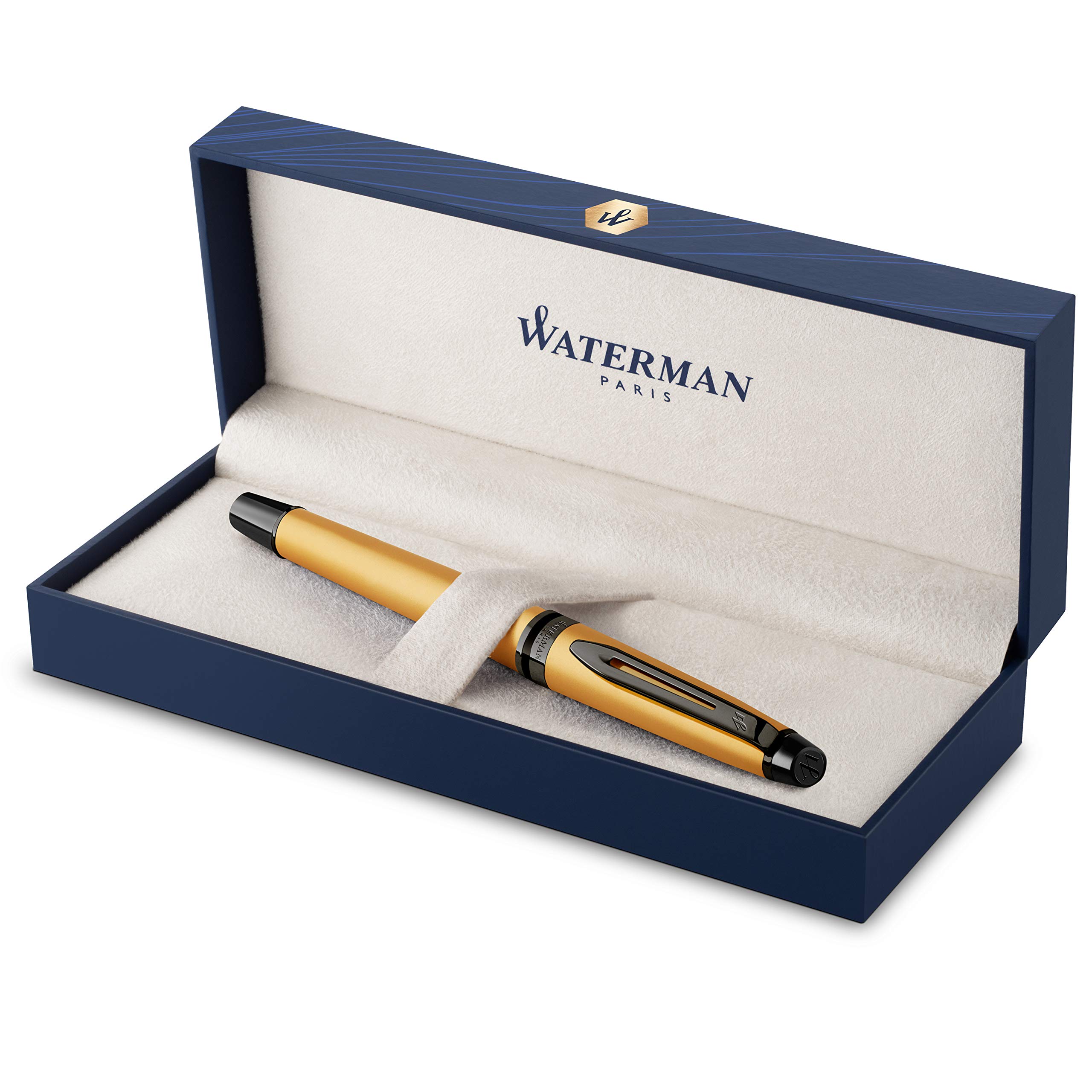 Waterman Expert Fountain Pen | Metallic Gold Lacquer with Ruthenium Trim | Fine PVD Coated Stainless Steel Nib | Blue Ink | With Gift Box