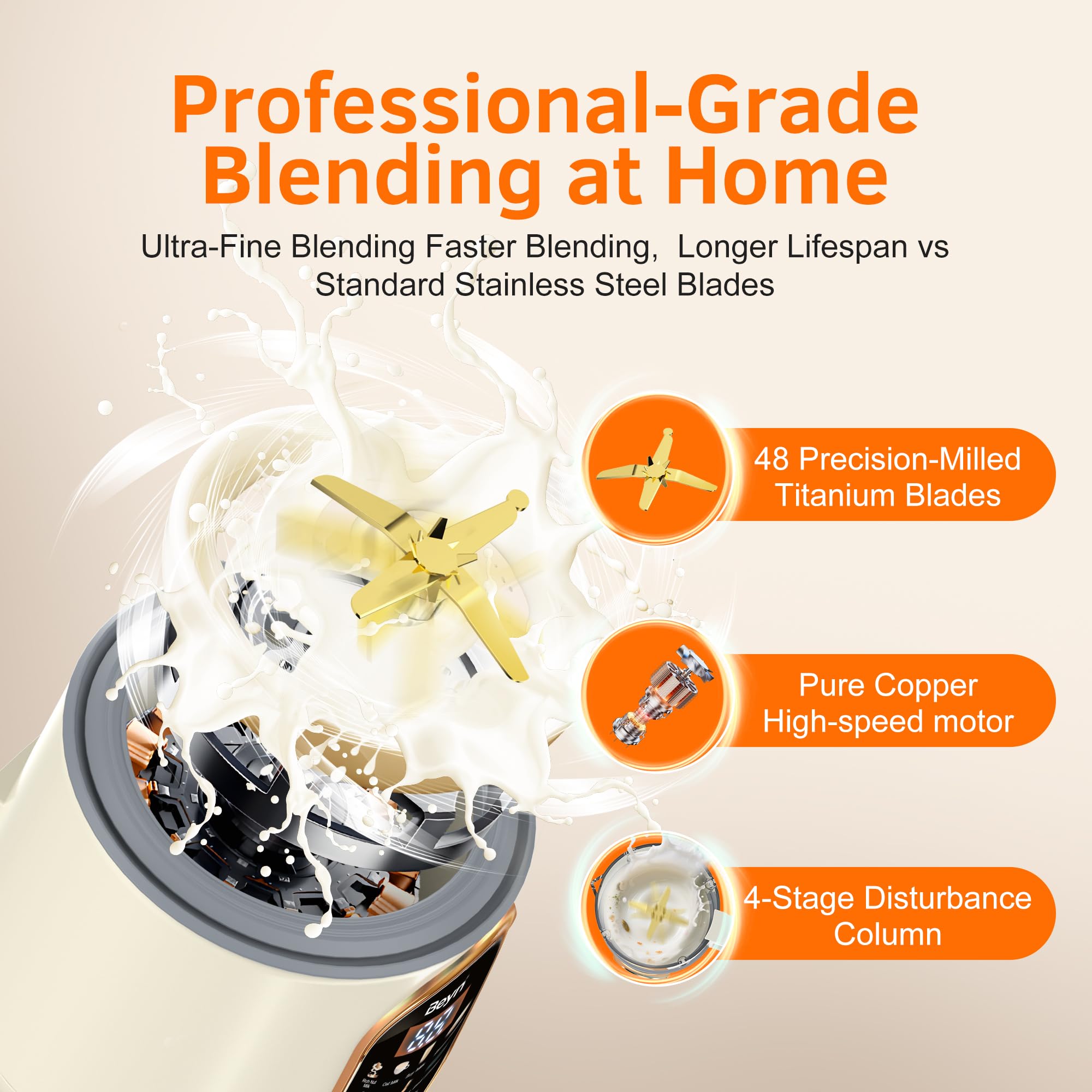 Beyn Máquina para hacer leche de nueces de 60 oz con cuchillas de titanio de 48 hojas, máquina automática para hacer leche a base de plantas 10 en 1 para avena casera, soja, almendras, jugo y más, retención de temperatura, inicio retardado, ebullición y limpieza automática