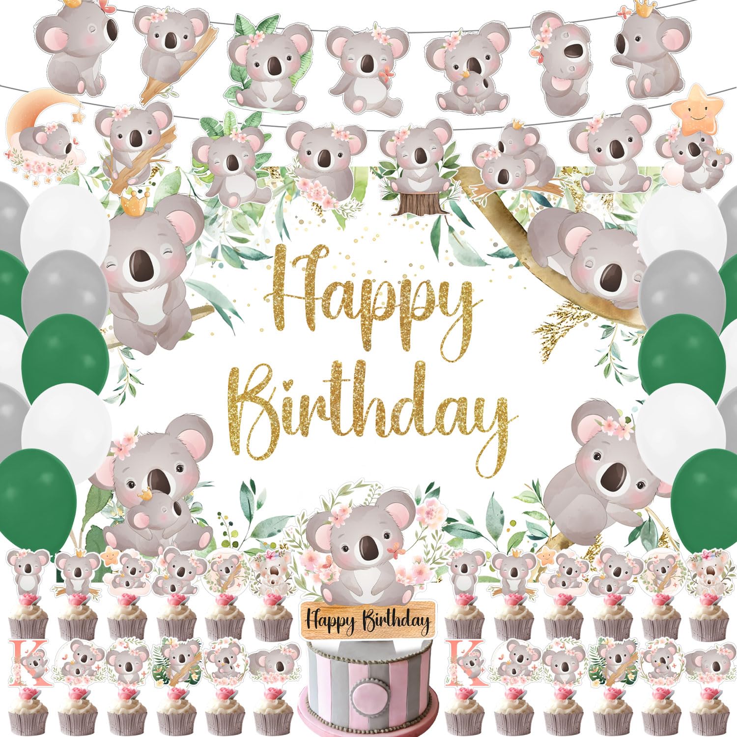 Photo 1 of 59 Pcs Koala Birthday Party Supplies, Koala Bear Themed Party Decoration Cute Koala Backdrop Balloons Cake Cupcake Topper for Zoo Safari Junlge Animal Themed Party Decor