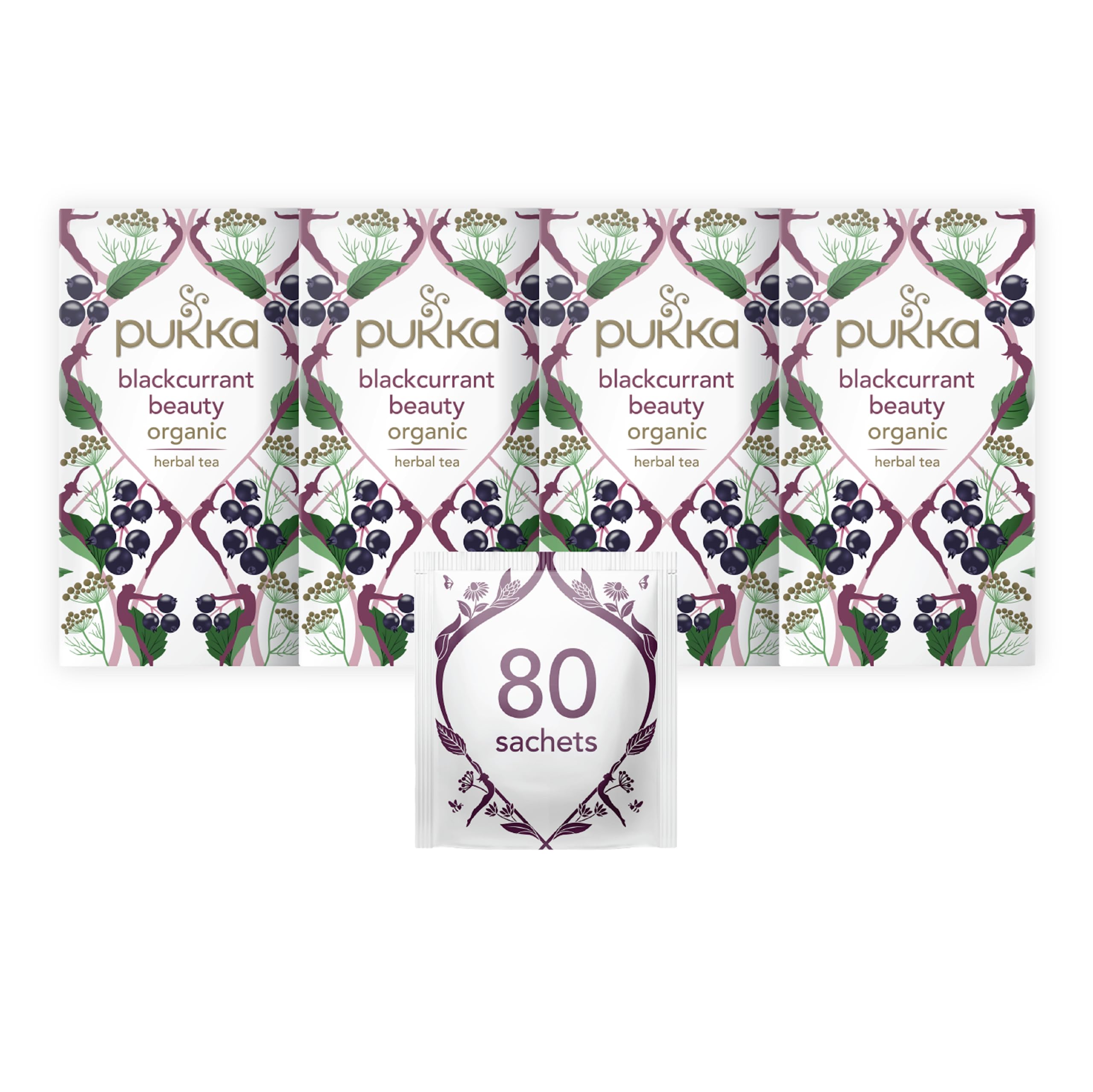 Pukka Herbs | Blackcurrant Beauty Organic Herbal Tea Box | Blackcurrants, Beetroot And Hibiscus | Fruit Tea | Perfect For Feeling Good | Caffeine Free | 4 Packs | 80 Plant Based Biodegradable Tea Bags