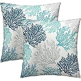 Mweet Summer Coastal Throw Pillow Cover 18x18 inch Set of 2, Teal Blue Coral Beach Ocean Themed Decorative Cushion Covers for Home Couch Bed Sofa Farmhouse Decoration