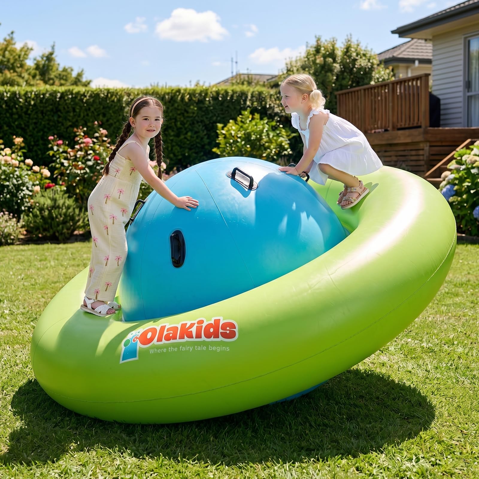 Condition photo showing New/Like New for olakids 8ft inflatable dome rocker bouncer, outdoor kids giant roll and play seesaw rocker with 6 se